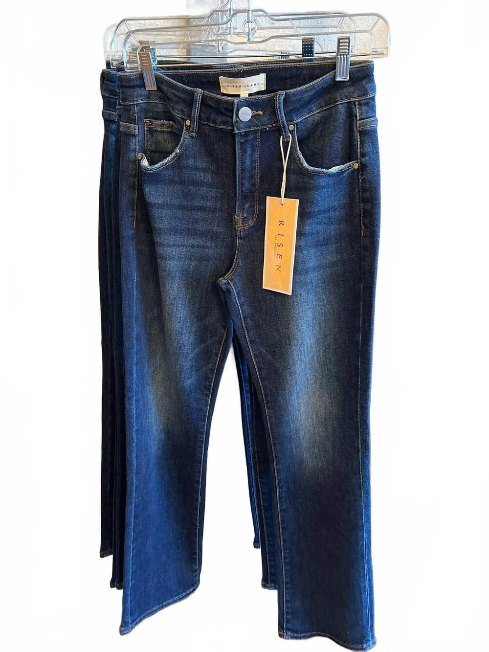 NEW RISEN women's mid rise ankle straight jeans in dark blue